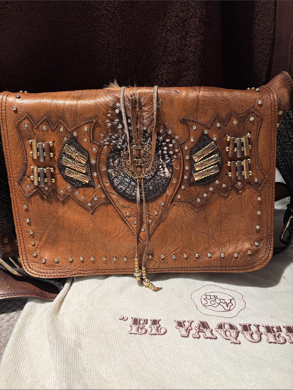 El Vaquero Brown Leather Crossbody Bag with Feather and Stud Embellishments